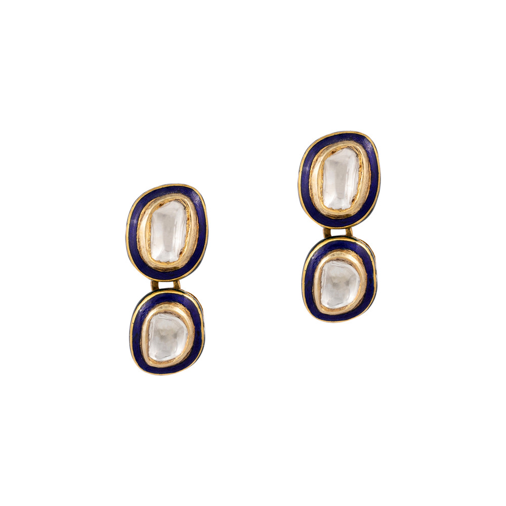 Framed Blue Enamel Polki Necklace with Central Teardrop Pendant
